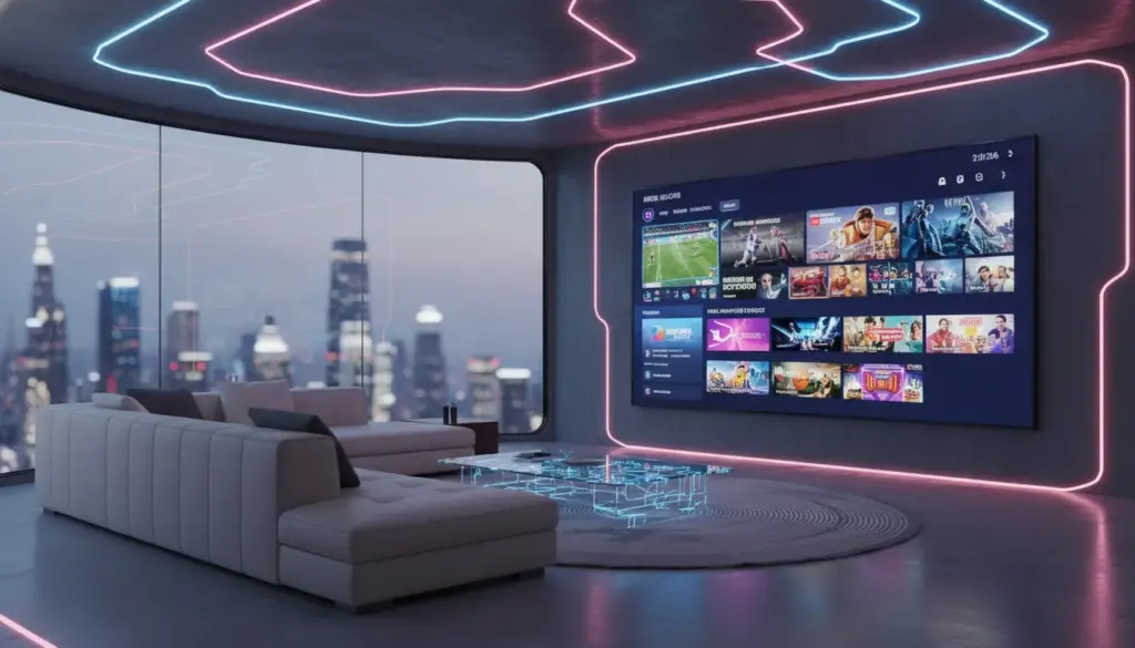 best iptv subscription A futuristic home theater setup featuring a high-tech IPTV interface on a large OLED screen with vibrant channel selections.