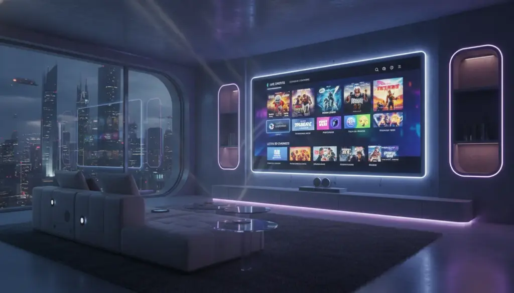 best iptv usa Premium IPTV streaming on a large 8K smart TV in a futuristic living room with neon ambient lighting.