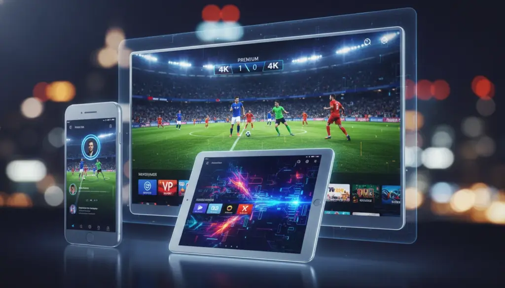 best iptv usa A modern IPTV interface displayed across a smartphone, tablet, and smart TV showcasing premium streaming content.