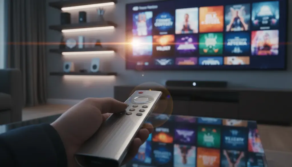 buy iptv subscription Close-up of a user selecting a premium IPTV service on a screen, highlighting the 2025 streaming technology and UI.
