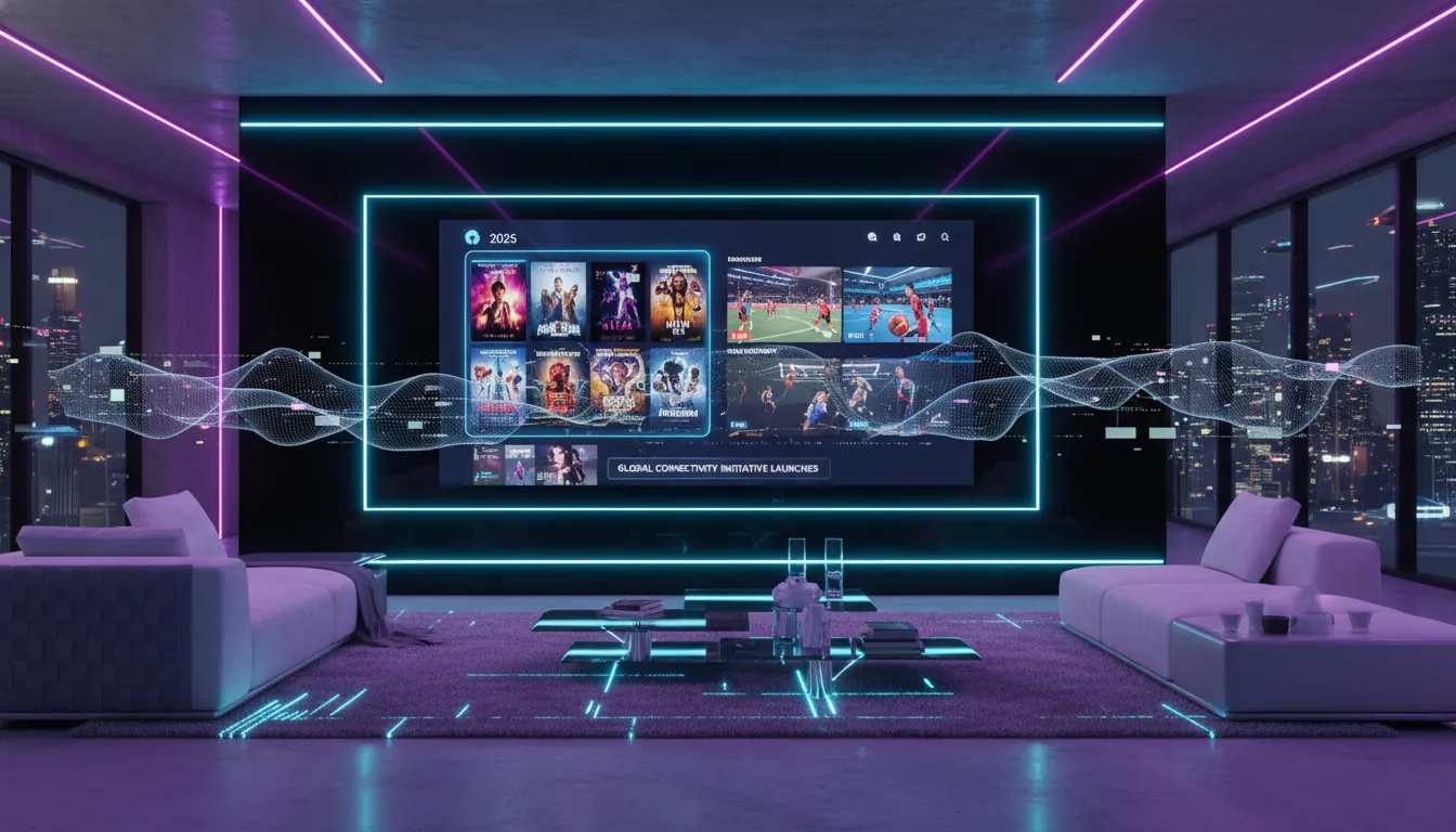 buy iptv subscription Modern living room with a high-tech IPTV streaming interface displayed on a large smart TV with vibrant neon lighting.