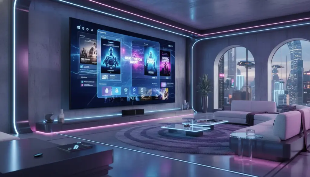 cheap iptv usa A modern home theater setup featuring a high-quality IPTV interface on a large 8K screen, representing affordable streaming in the USA.