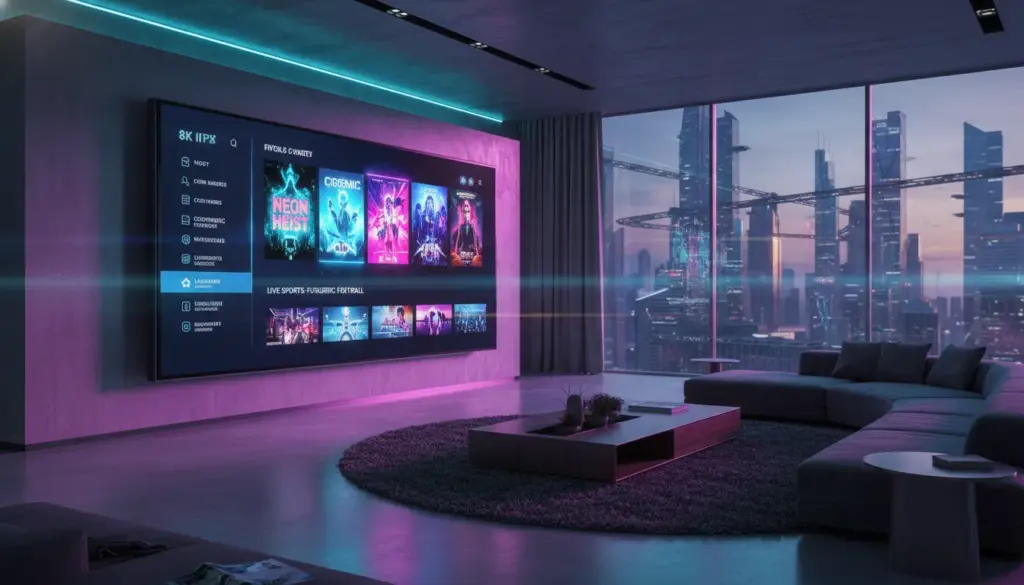 iptv subscription A modern home theatre setup displaying a premium IPTV subscription interface with 4K streaming options in a vibrant living room.