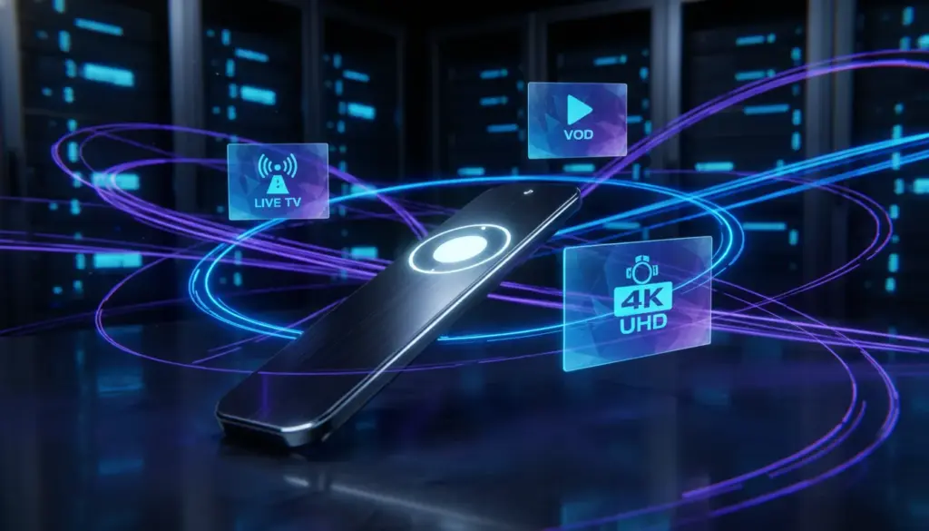 iptv subscription Futuristic digital visualization of high-speed IPTV streaming services and global connectivity icons for 2026