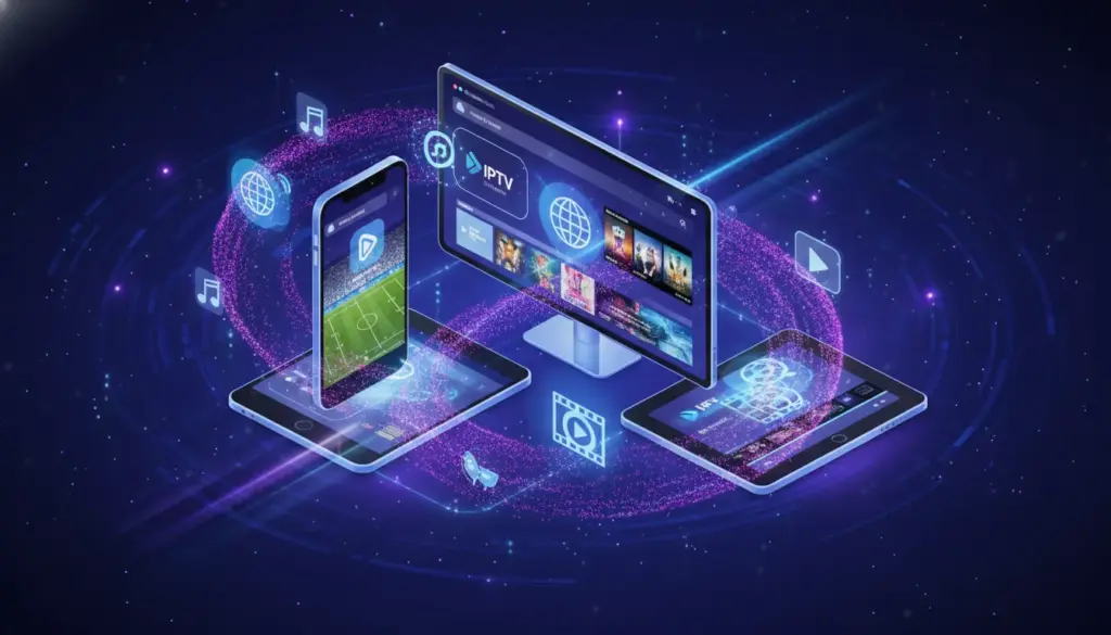 best iptv subscription A digital conceptual image showing multiple devices streaming diverse IPTV content through high-speed fiber-optic data streams.
